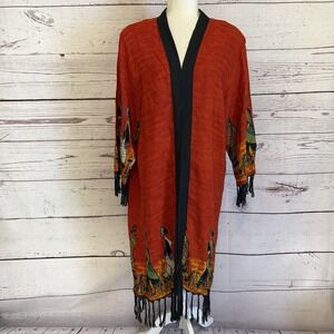 Midnight Velvet Kimono Womens One Size Red Multi African Print Fringe 100% Rayon